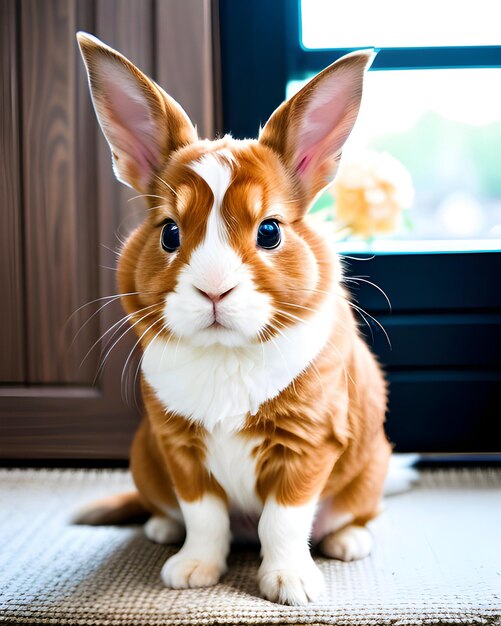 Foto un coniglio con una faccia bianca e orecchie marroni si siede sul pavimento della cucina