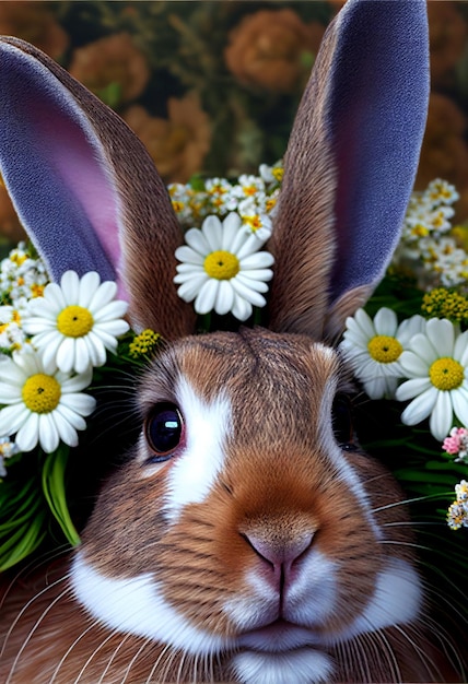 A rabbit with a wreath of flowers in it