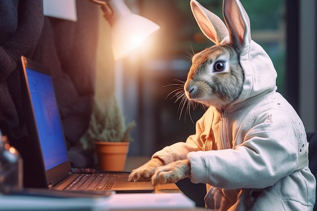 rabbit working as a programmer designing system with programming language using laptop
