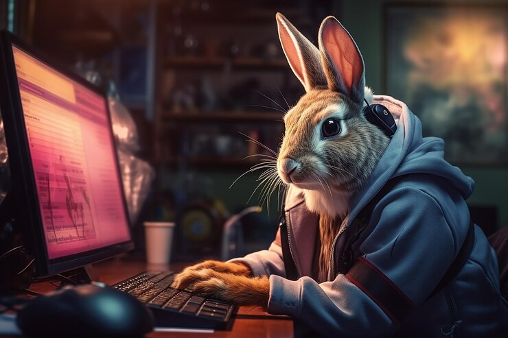 Photo rabbit working as a programmer designing system with programming language