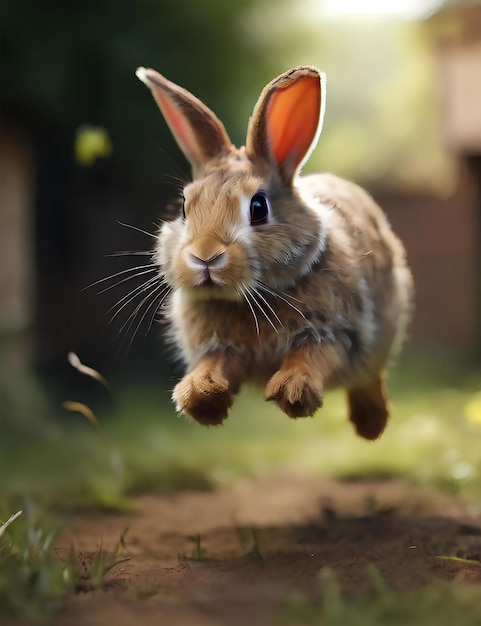 Photo rabbit in the yard jumping