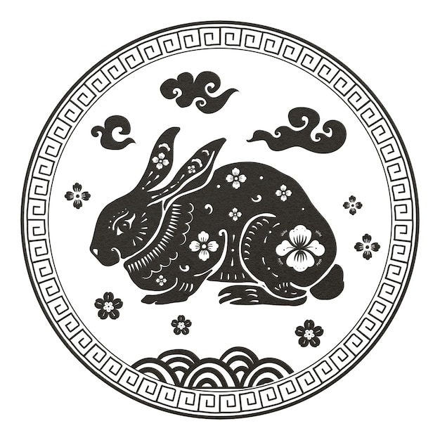 토끼 해 검은 배지 png 전통적인 중국 조디악 기호