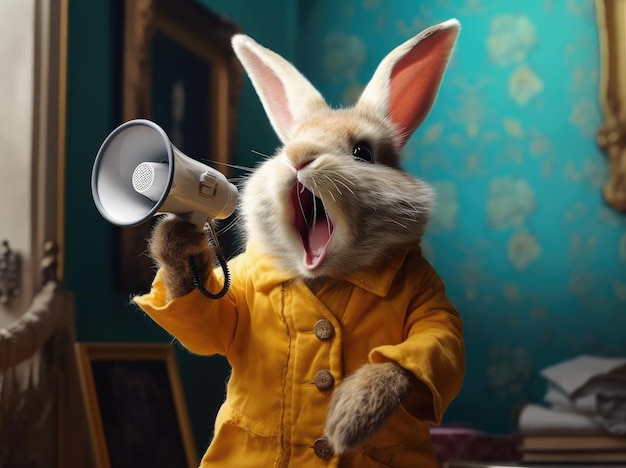 A Rabbit in Yellow Costume Shouting in Megaphone Loud Speaker extreme closeup Generative AI