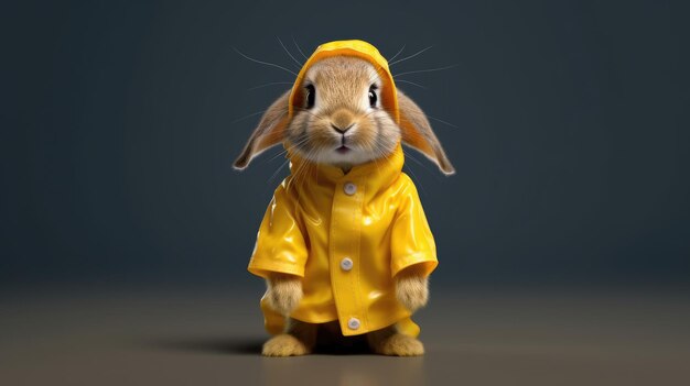 A rabbit in a yellow raincoat