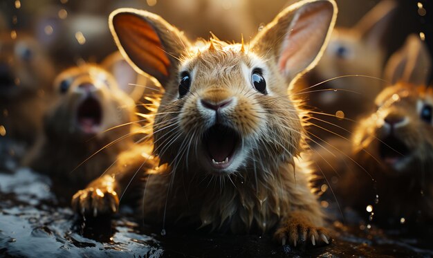 Photo the rabbits are all crying and laughing this photo captures a group of rabbits gathered together their mouths open in an animated manner