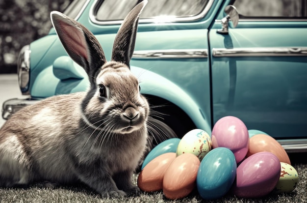 Кролики и разноцветные яйца с винтажной машиной для пасхального фестиваля ai generative