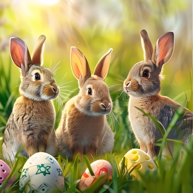 Rabbits and Easter eggs on green grass with bokeh background