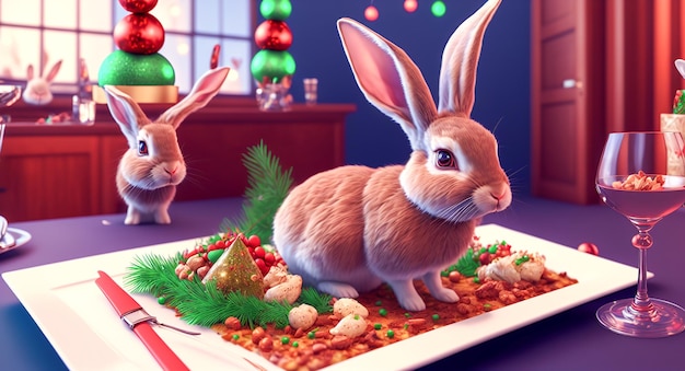 Rabbits eat at the Christmas table