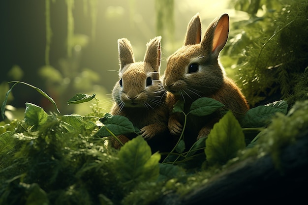 Rabbits eating green leaves