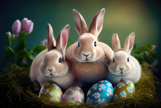 Rabbits family in the nest with many colorful Easter eggs for Happy Easter Day Greeting card background Animal and pet concept Generative AI