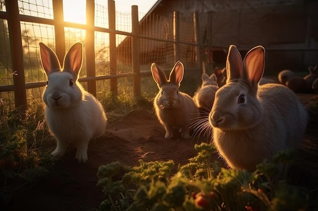 농장과 햇빛에 토끼