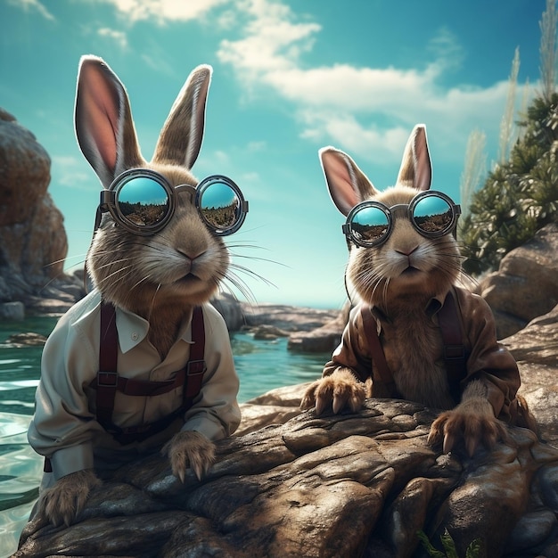 Rabbits in glasses on rock