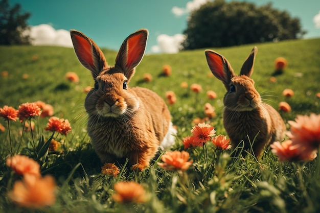 イラストのウサギは草の上で美しい日を楽しんでいました