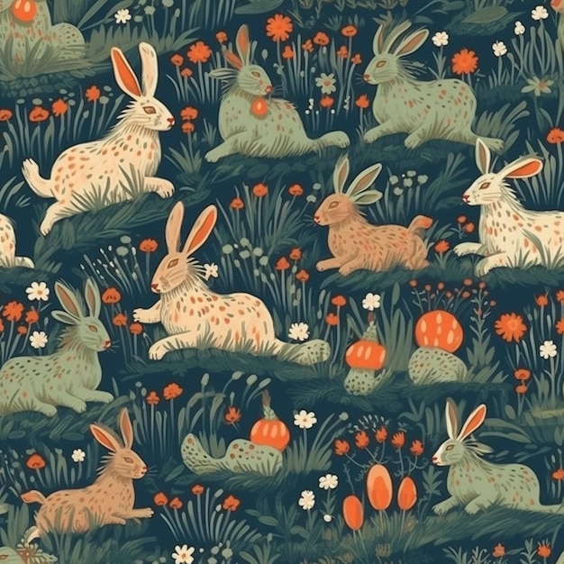 Rabbits in the meadow seamless pattern tile created with generative AI