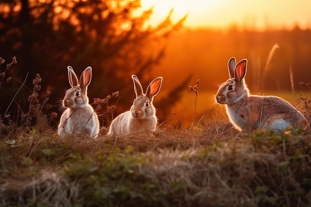 Rabbits plays on the clearing at sunset Generated ai