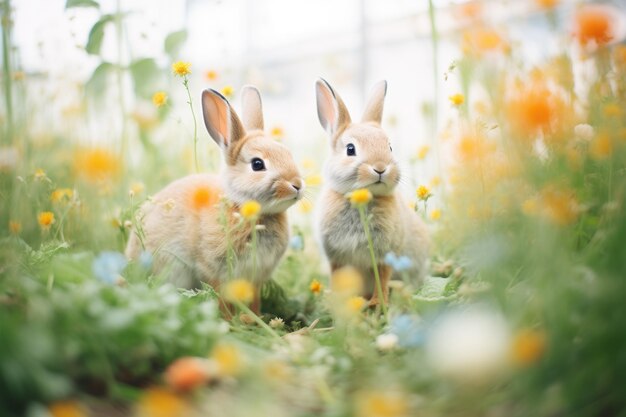 Rabbits surrounded by wildflowers in bloom