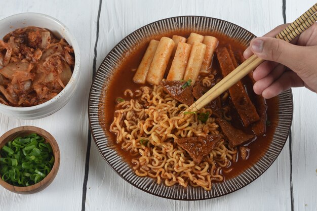 rabokki  is Ramen or Korean instant noodle and Tteokbokki in spicy korean sauce