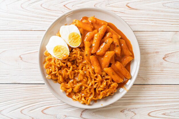 Rabokki (Ramen or Korean instant noodle and Tteokbokki) in spicy korean sauce - Korean food style