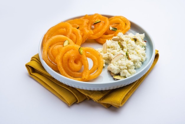 Rabri jalebi or imarati with rabdi made from condensing milk, famous dessert sweet from India