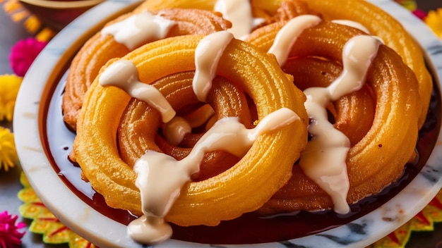 Photo rabri jalebi or imarati with rabdi made from condensing milk famous dessert sweet from india