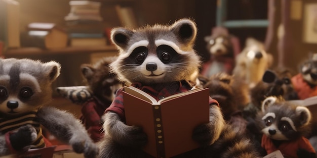 A raccoon amidst a group of small raccoon kids entertaining them with a book reading AI generated