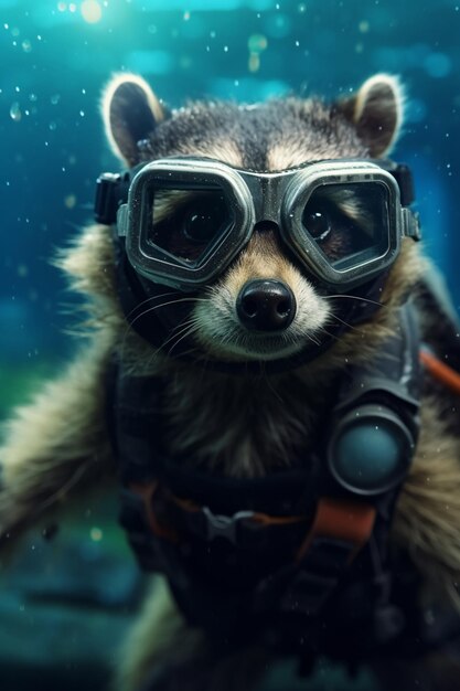 Foto raccoon come un subacqueo che esplora con gioia il mondo sottomarino scoprendo le sue meraviglie generate dall'ai