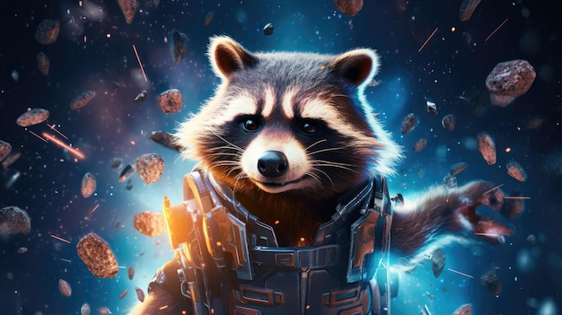 Raccoon Astronaut Surrounded by Space Debris