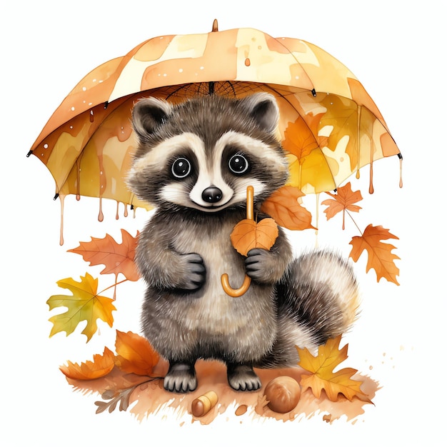 Raccoon in autumn under umbrella