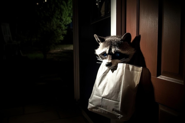 Raccoon in a bag with a blue eye