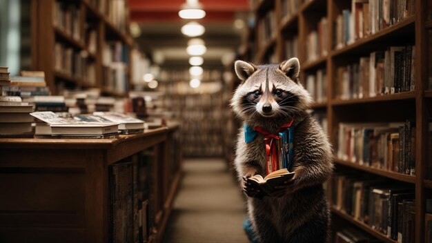 A raccoon browsing a bookstore searching for a good read