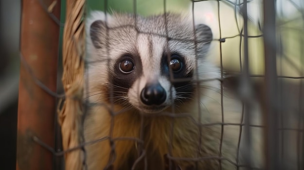 A raccoon in a cage is looking at the camera.