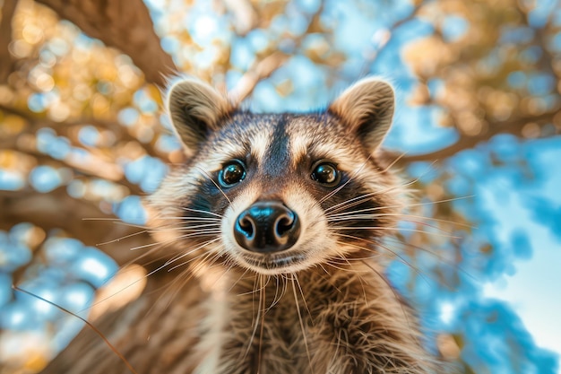 Foto raccoon close up portrait animale divertente che guarda nella telecamera raccoon nose lenti ad angolo ampio
