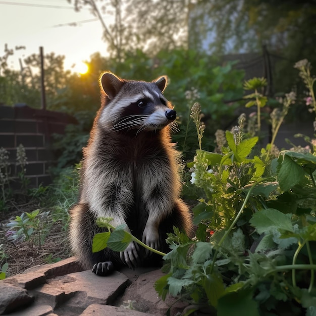 Raccoon at dawn against the background of green grass generative ai