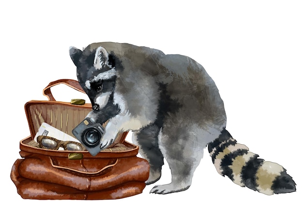 The raccoon digs in the bag A raccoon with a camera tickets and a travel bag Traveling raccoon