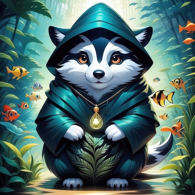 a raccoon dressed in a hooded jacket and a necklace