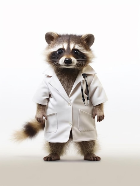 A raccoon dressed in a white coat with a stethoscope on it.