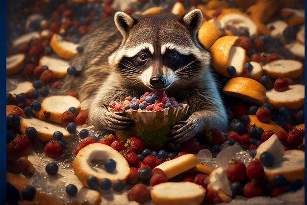 A raccoon eating a fruit salad with a bunch of blueberries.