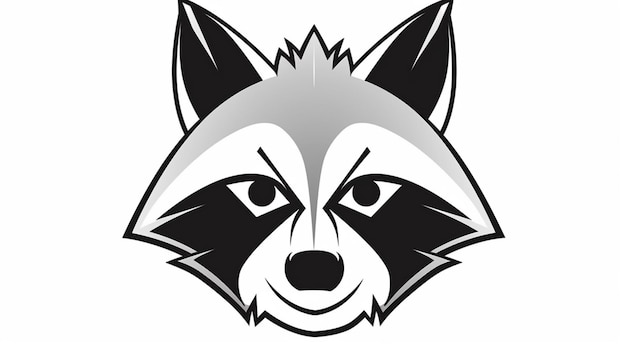 A raccoon face with a black and white logo