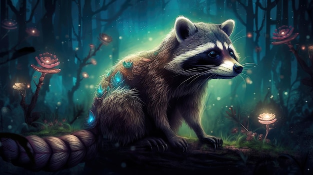 A raccoon in a forest with a blue light on the back