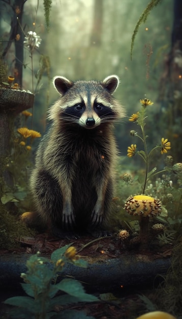 A raccoon in a forest with flowers and a birdhouse.