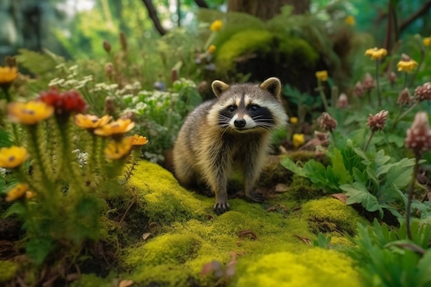 A raccoon in a forest with flowers