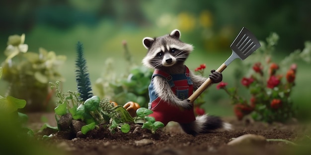 Raccoon gardening surrounded by vegetables and using a shovel in the garden bed AI generated