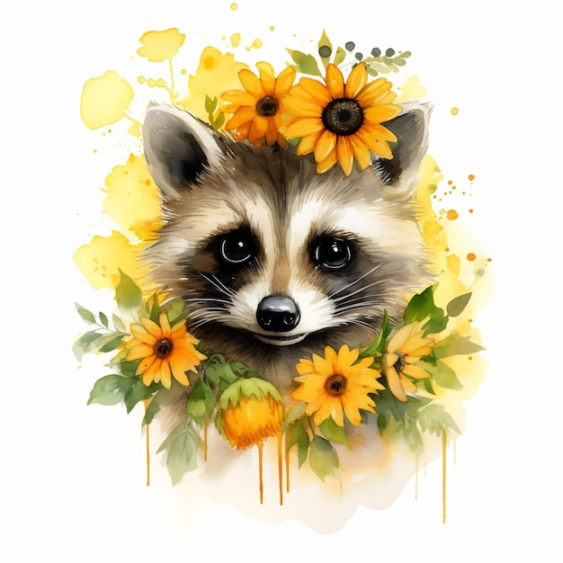 A raccoon head with yellow flowers on it