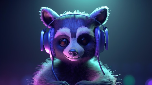 Raccoon in headphones digital art illustration Generative AI