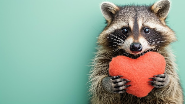 Photo raccoon holding red heart on green background