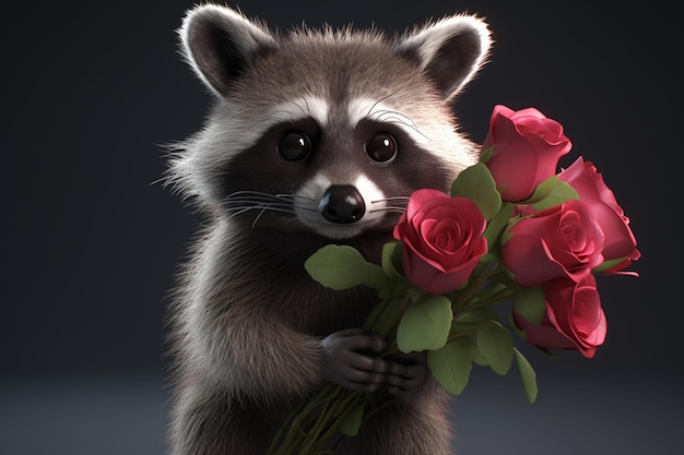 A raccoon holding roses in front of a dark background