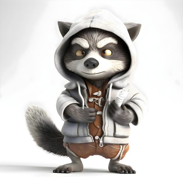 Raccoon in a hooded jacket with a wrench in his hands