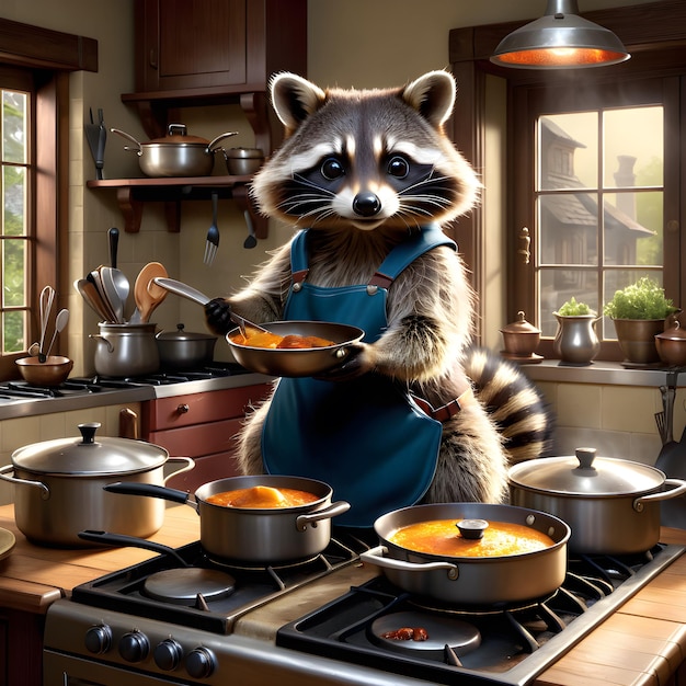 a raccoon is cooking on a stove with pancakes