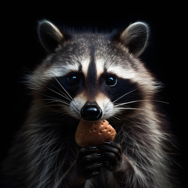 A raccoon is eating a peanut and has a black background.