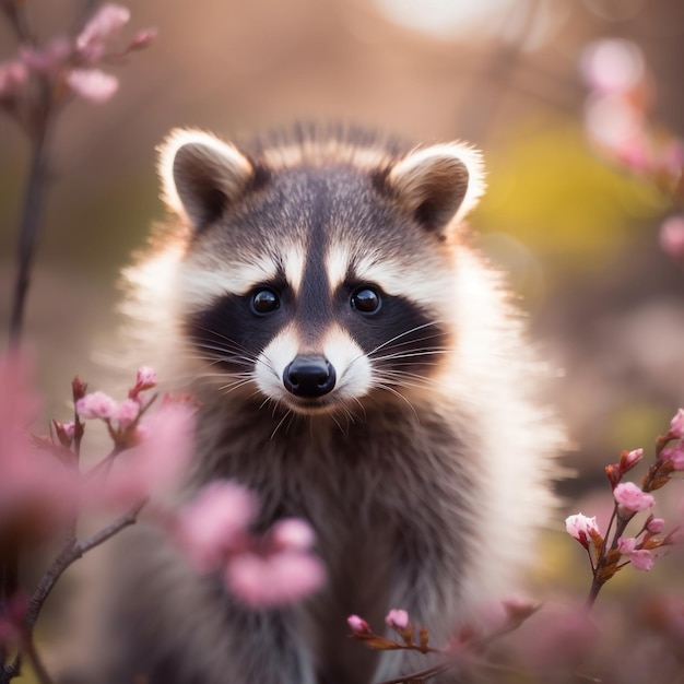 A raccoon is among the flowers in the foreground.